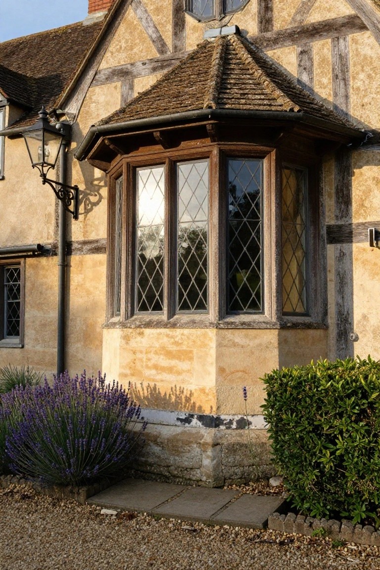 Tudor-style house exterior with half-timbered walls, a protruding wooden bay window with diamond-patterned leaded glass panes, a hanging lantern light, lavender bushes, boxwood shrubs, and a gravel driveway.