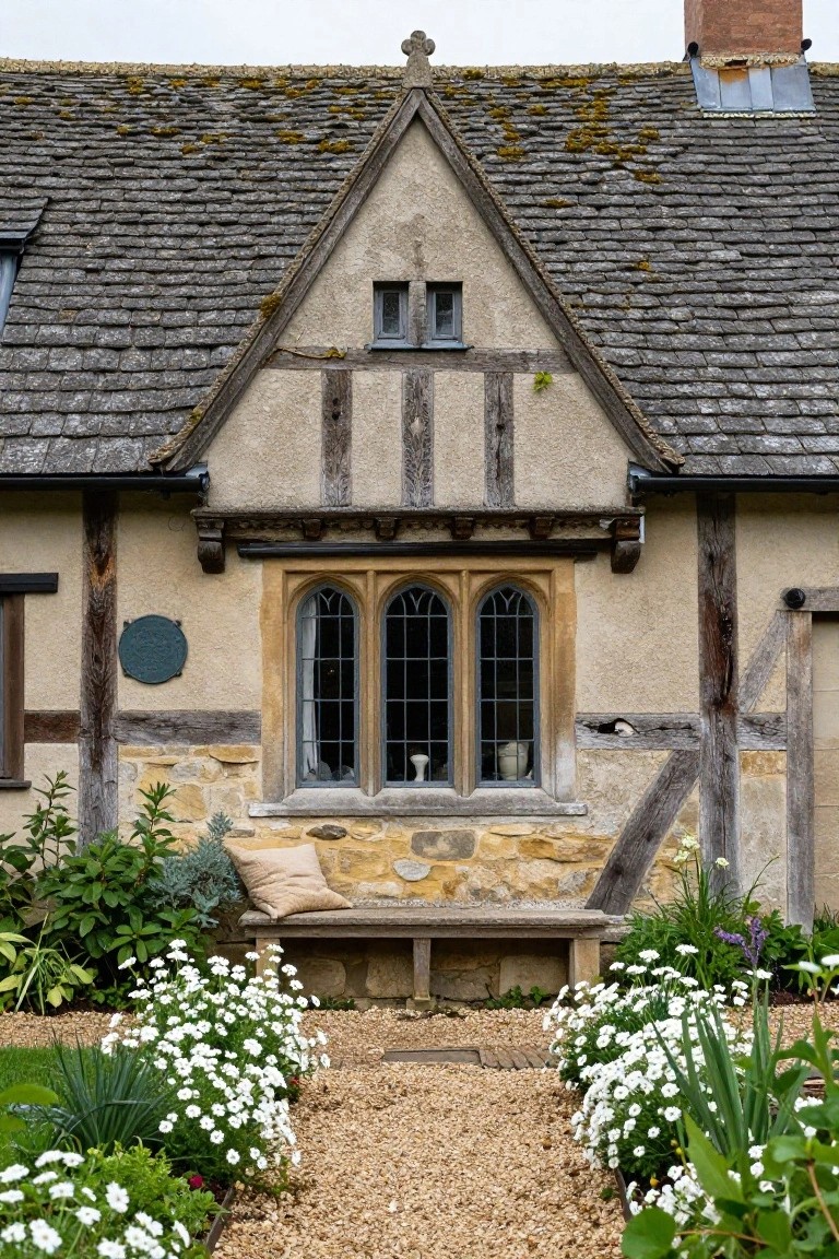 Half-timbered gable end of a stone cottage with mossy slate roof, three-light arched window above a wooden bench on stone base, gravel path lined with white flowers and plants.