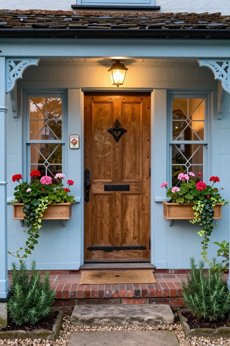 Charming blue house entrance with wooden door, flower boxes, and lantern.