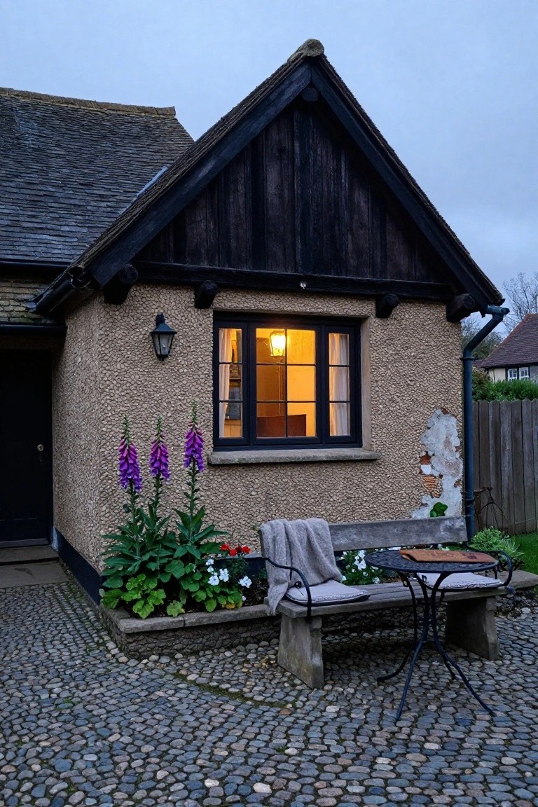 Small Tudor-style cottage exterior with textured cobblestone walls, dark timber framing, lit window, black door, purple foxglove plants in bed, gray bench, and metal table on pebble path at dusk.