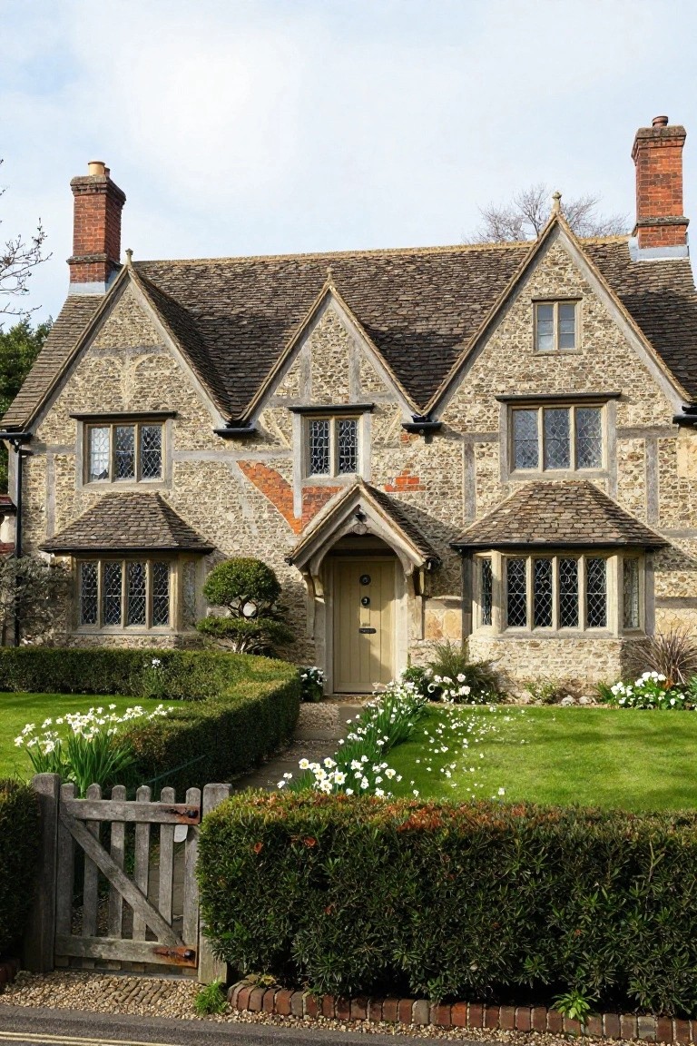 A two-story Tudor cottage with stone walls and exposed dark timber framing, multiple gabled roofs, leaded windows, brick chimneys, a covered front porch with yellow door, wooden garden gate, hedges, flower beds, and lawn.
