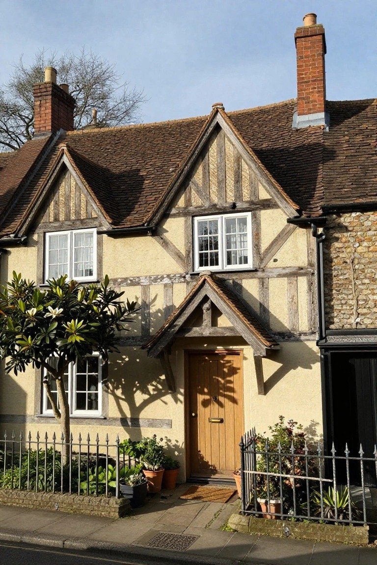 Two-story Tudor cottage exterior with dark half-timbered framing on yellow plaster walls, steep gabled roof with clay tiles, two brick chimneys, white-framed windows, wooden front door under a small gabled porch, front garden with plants and black iron fence along a street.