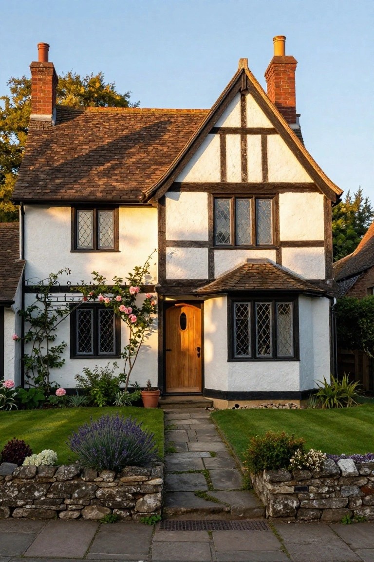 A two-story white plaster house with black half-timber framing, steeply pitched tiled roof, two brick chimneys, leaded glass windows, wooden front door under a small porch, climbing pink roses on one side, flower beds, lavender plants, stone wall, and slate path in front.