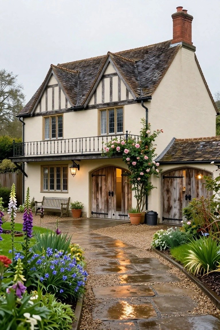 Cream stucco Tudor cottage with black half-timber framing, steep slate roof, upper balcony, lit lantern, double arched wooden doors, climbing pink roses, bench, flower borders, and wet gravel path leading to the entrance.