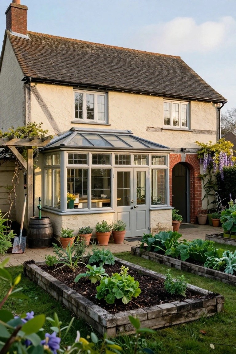 Beige Tudor cottage exterior with timber framing, slate roof, glass conservatory extension, raised vegetable garden beds, potted plants, and climbing wisteria on a brick archway.