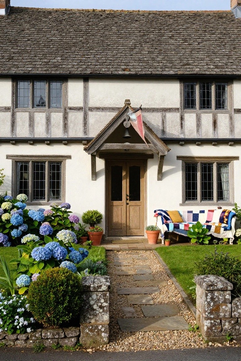White half-timbered Tudor cottage exterior with slate roof, rustic gabled wooden porch over double wooden doors, hydrangea borders along a stone entry path, and a quilt-draped bench nearby.