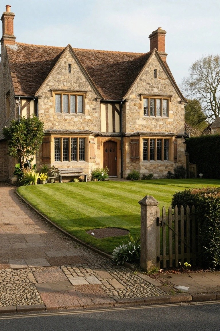 Two-story Tudor cottage exterior with light stone walls, dark half-timber framing, steep tiled roof with multiple gables, central wooden front door, leaded windows, front lawn, curved path, and garden plantings.