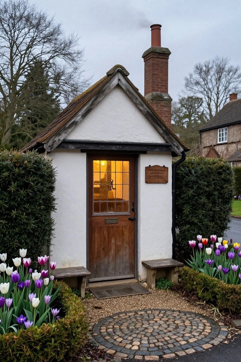 Small white cottage with wooden door lit from inside through leaded window, brass letterbox and knocker, wooden plaque on wall, bench beside door, flanked by boxwood hedges and tulip beds on gravel path with brick chimney above.