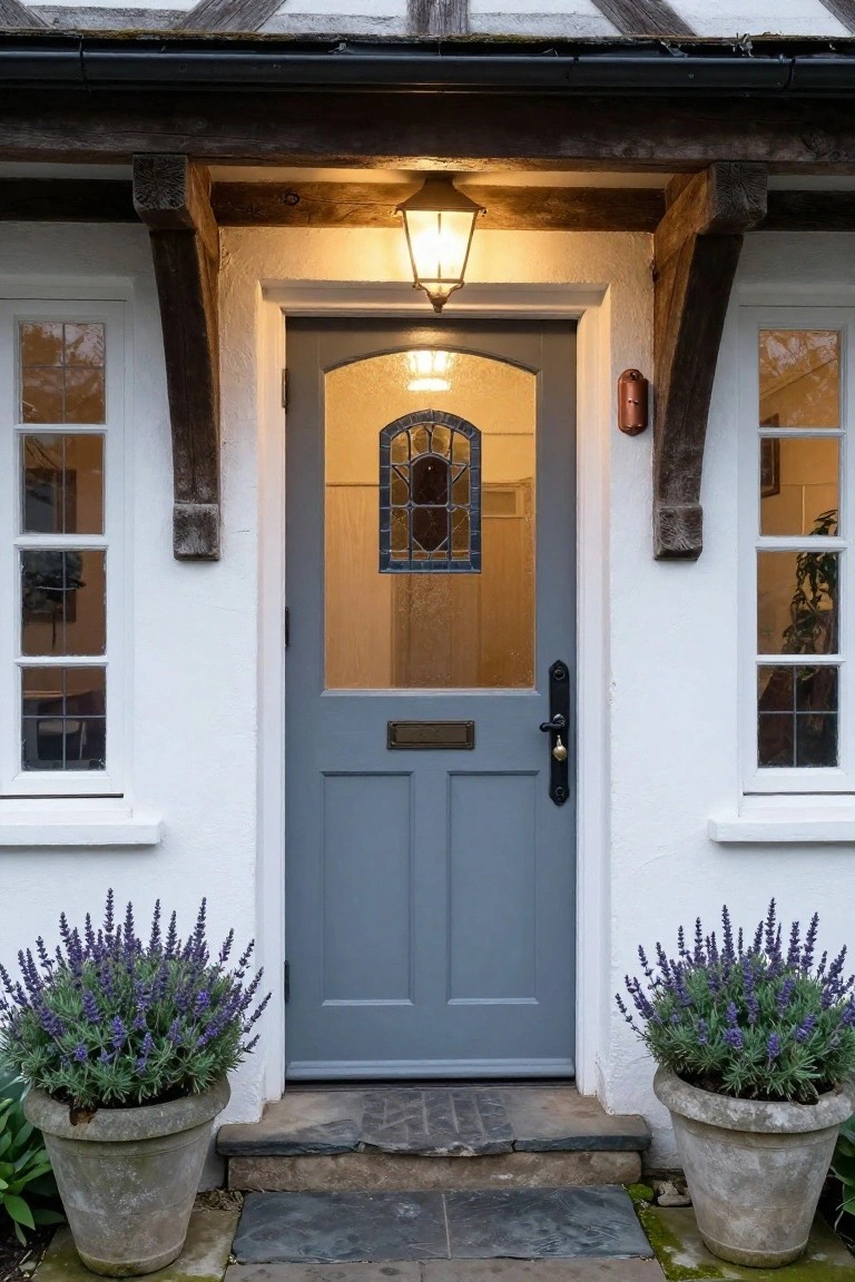 Gray-blue wooden front door with letterbox and brass knocker on a white Tudor-style cottage, flanked by two large terracotta pots of purple lavender, under timber framing and a lantern light, with stone steps leading up.