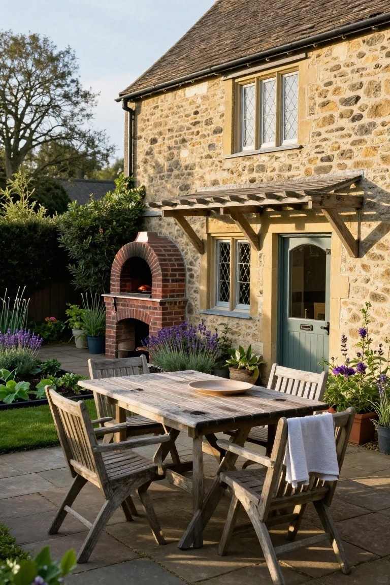 Stone cottage wall with green arched door and leaded window, brick pizza oven on paved patio with wooden table, chairs, towel draped on chairback, potted plants, and lavender border.