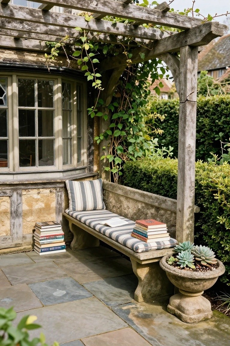 Stone bench with gray and white striped cushions and stacks of books sits under wooden pergola covered in green vines next to beige stucco cottage wall with multipaned bay window, surrounded by boxwood hedges and large potted succulents on slate tile patio.