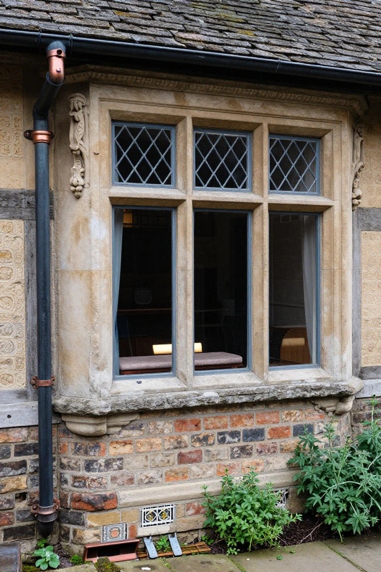 Stone bay window with leaded glass above multicolored brick wall.