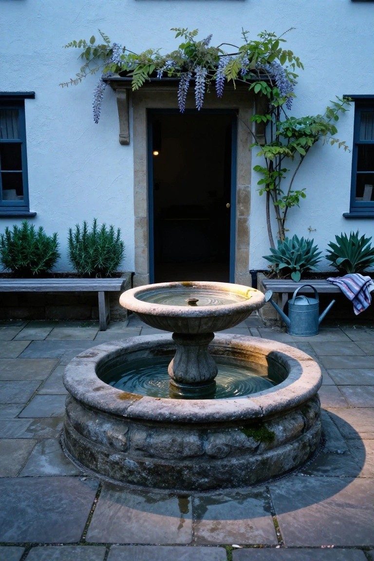 Two-tier stone fountain with water flowing in a paved courtyard in front of a white house featuring a stone-arched blue entry door draped in purple wisteria, flanked by potted shrubs, agaves, and a wooden bench with a watering can.