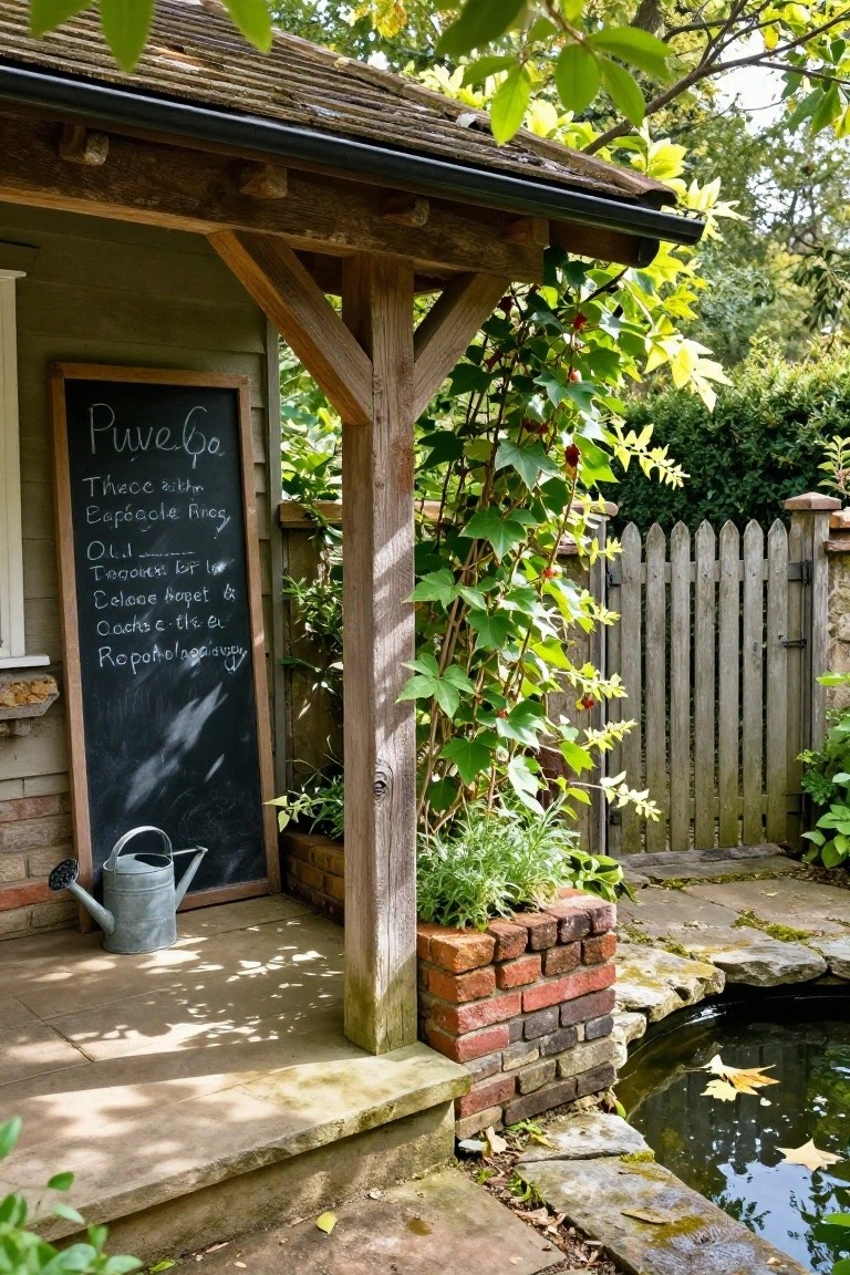 Rustic garden shed with exposed timber porch posts supporting a shingled roof, chalkboard listing plants beside a metal watering can, climbing vines on posts, picket gate, brick planters, and small pond with leaves.