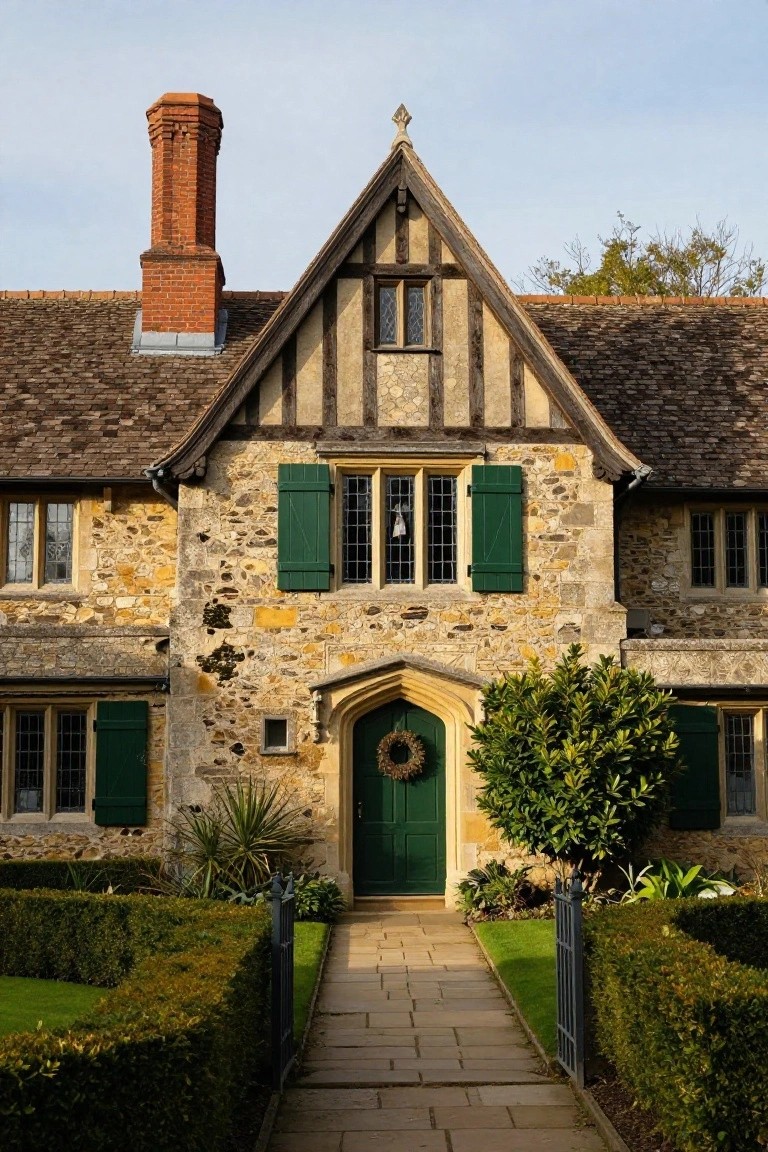 A two-story Tudor-style house exterior with beige stone walls, dark half-timber framing, green shutters and front door with a wreath, boxwood hedges, potted plants, and a paved walkway leading to the entrance.