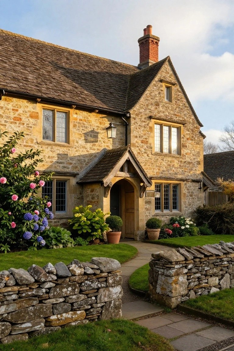 A two-story Cotswold-style stone cottage with gabled roof, leaded windows, timber hooded porch over the front door, flowering shrubs, potted plants, and curved dry-stone wall pathway on a grassy lawn.