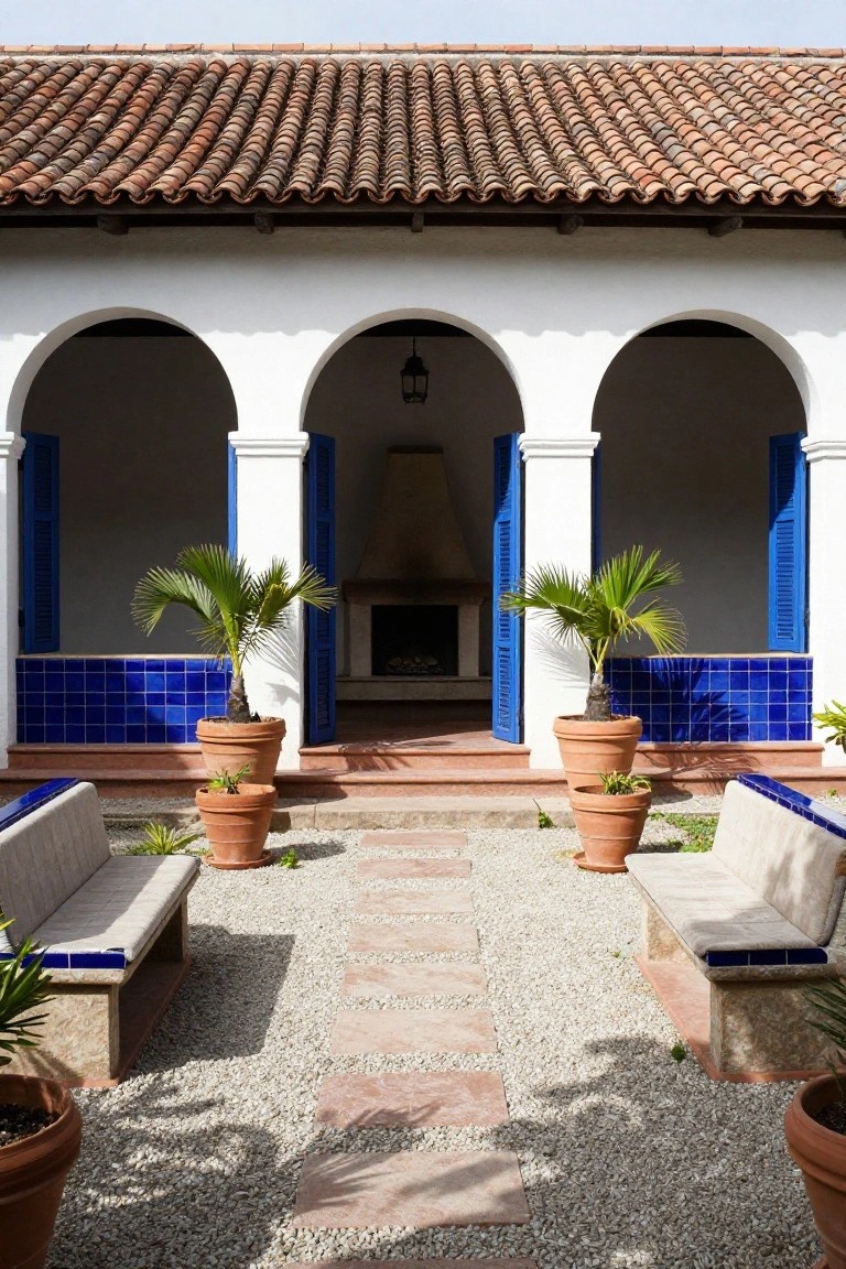 White stucco hacienda loggia with three arches, blue shutters on side arches, blue tiles at bases, potted palm trees flanking a central stone path on gravel ground, built-in benches, and view into fireplace.
