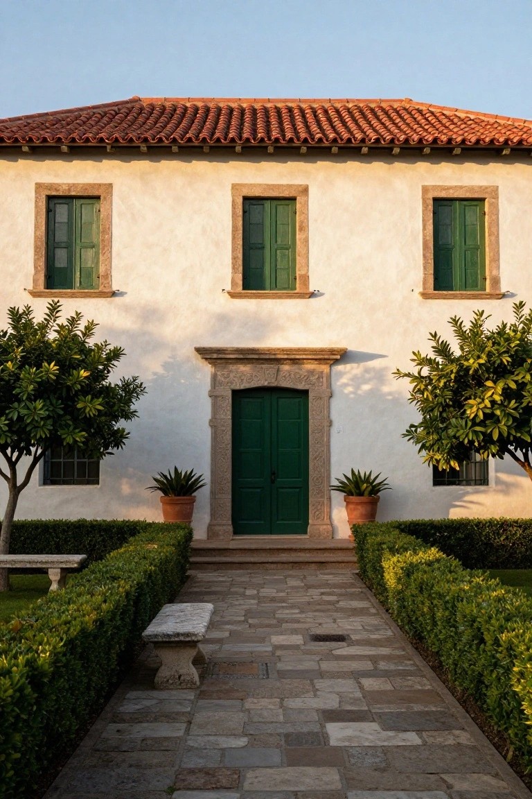 White stucco hacienda house with terracotta tile roof, three green shuttered windows, green front door in carved stone frame, potted agaves and orange trees, boxwood hedges along stone path and stone bench.