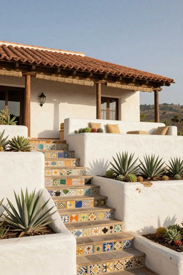 Colorful tiled stairs lead to a white stucco house with terracotta roof.