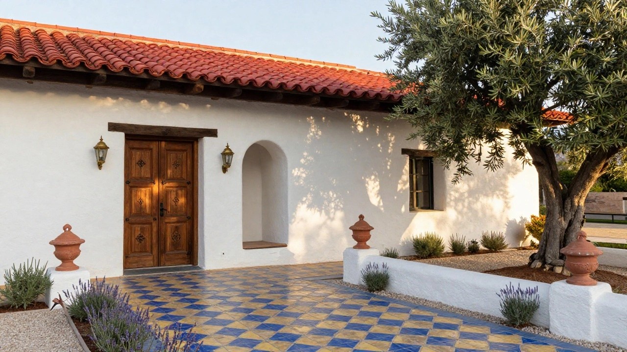 Hacienda-style house exterior entrance with dark wooden double doors centered in white stucco walls under a wooden beam, flanked by brass lanterns and terracotta urns, blue star-patterned tiles on the stoop, olive trees on both sides, lavender plants, and a gravel path.