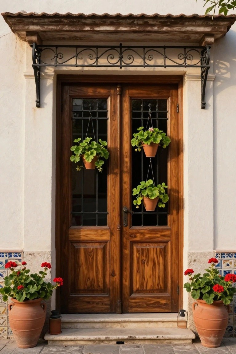 White stucco hacienda-style entry with dark wood double doors featuring glass panels and wrought iron grilles from which terracotta pots of green leafy plants hang, flanked by large terracotta pots of red geraniums on either side, with blue tiles at the base and a lantern nearby.