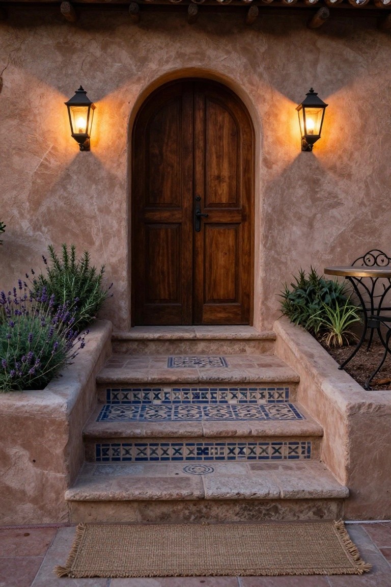 Beige stucco hacienda entrance with dark wooden arched double door centered under an archway, flanked by lit black lanterns, purple lavender plants in planters, blue patterned tile accents on stone steps, small metal table with plants, and woven seagrass mat at the base.