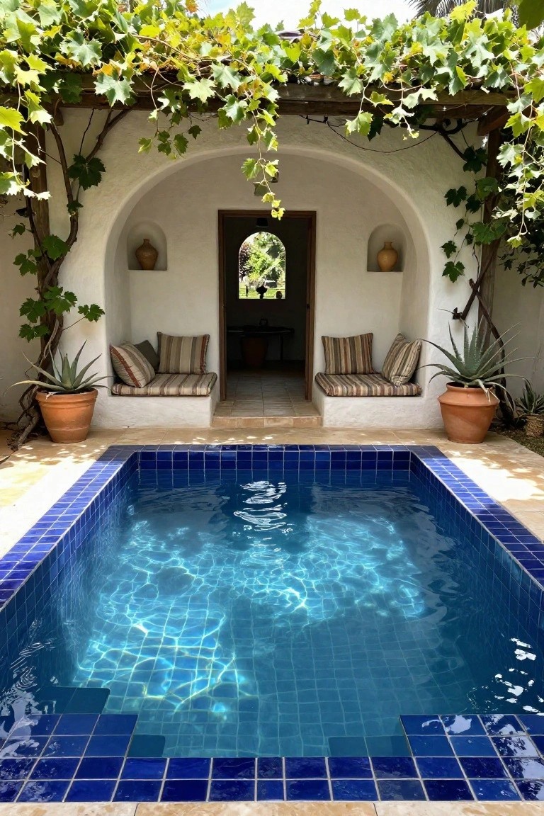 White stucco hacienda-style arched doorway with vine-draped pergola, flanked by built-in cushioned benches and potted agave plants, next to a small rectangular blue-tiled plunge pool on a tiled patio.