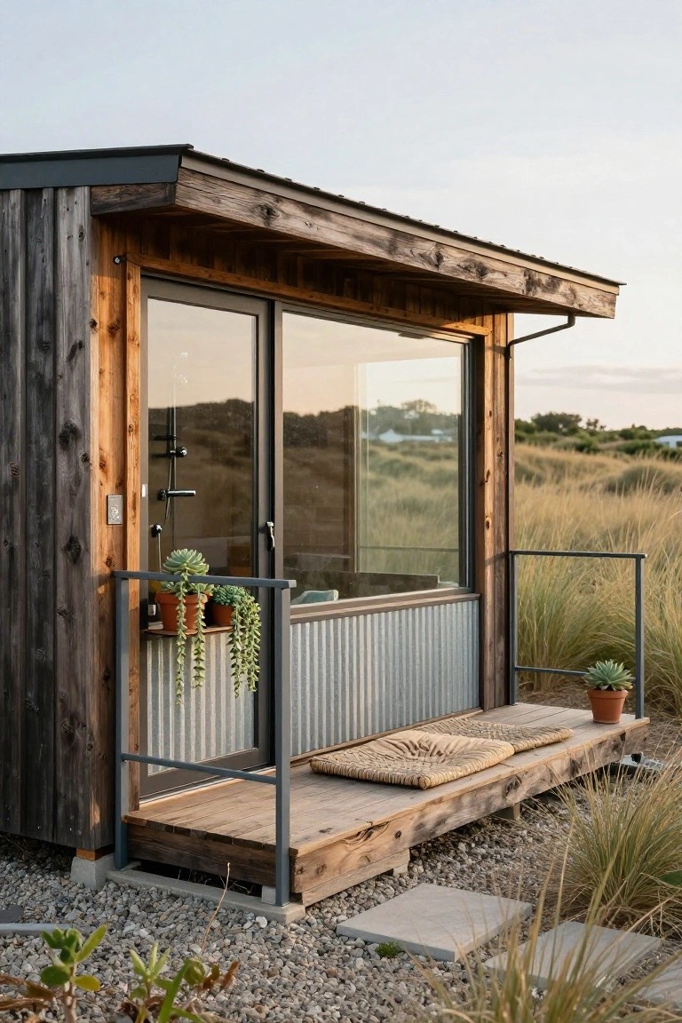 Small prefab cabin with dark wood cladding, corrugated metal lower siding, large glass sliding doors showing an outdoor shower inside, hanging plants, potted succulents, a wooden bench on a porch, and surrounding dune grasses at dusk.