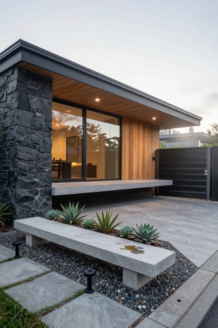 Modern house corner exterior with tall black stone pillar, horizontal wood cladding under black roof overhang, large glass sliding doors, protruding concrete bench planted with succulents amid pebbles, and black metal driveway gate.