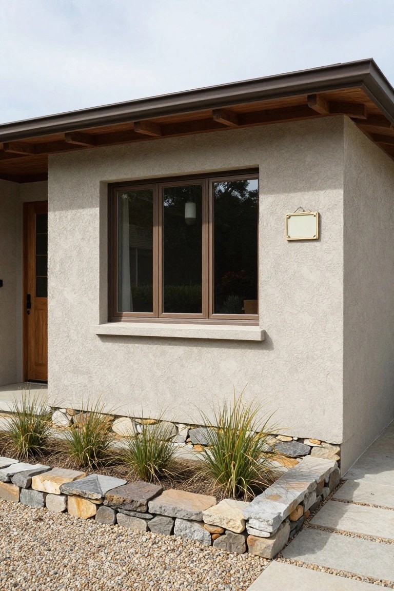 Corner of a beige stucco house with brown wood door and triple window, overhanging wooden roof, small white plaque on wall, and foreground planting bed of ornamental grasses edged by irregular dry-stacked natural stones on gravel ground with stone pavers.