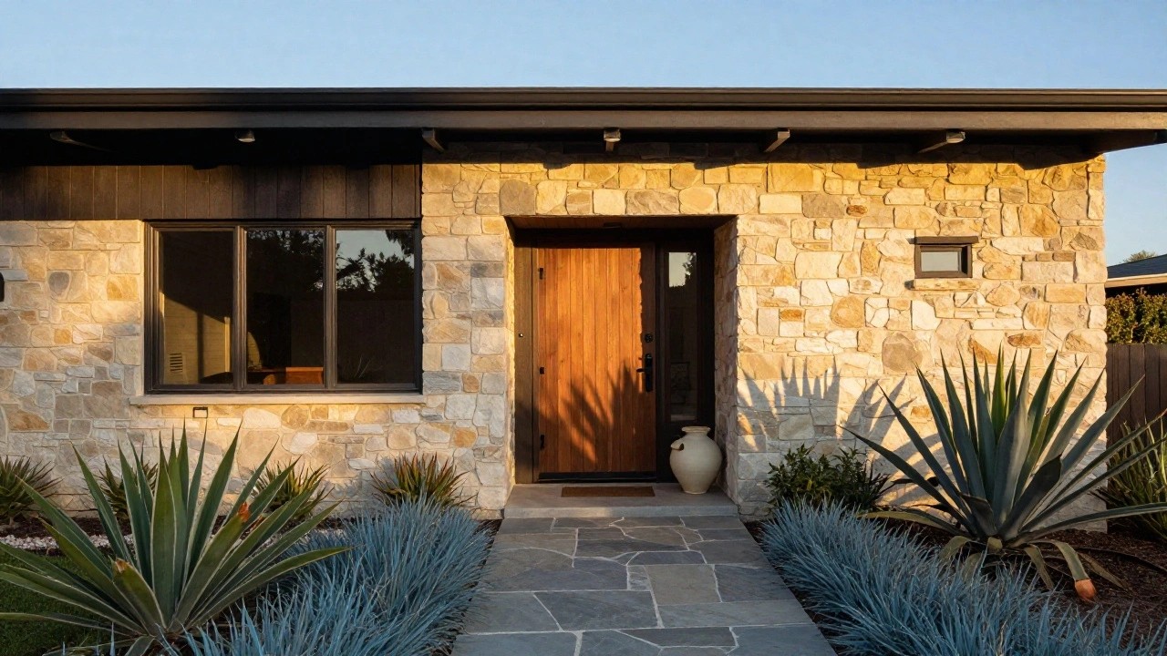 Front exterior of a mid-century modern house with light textured stone walls, dark vertical wood siding, wooden entry door, flagstone pathway, blue agave plants, and a large pottery pot on a stone base.