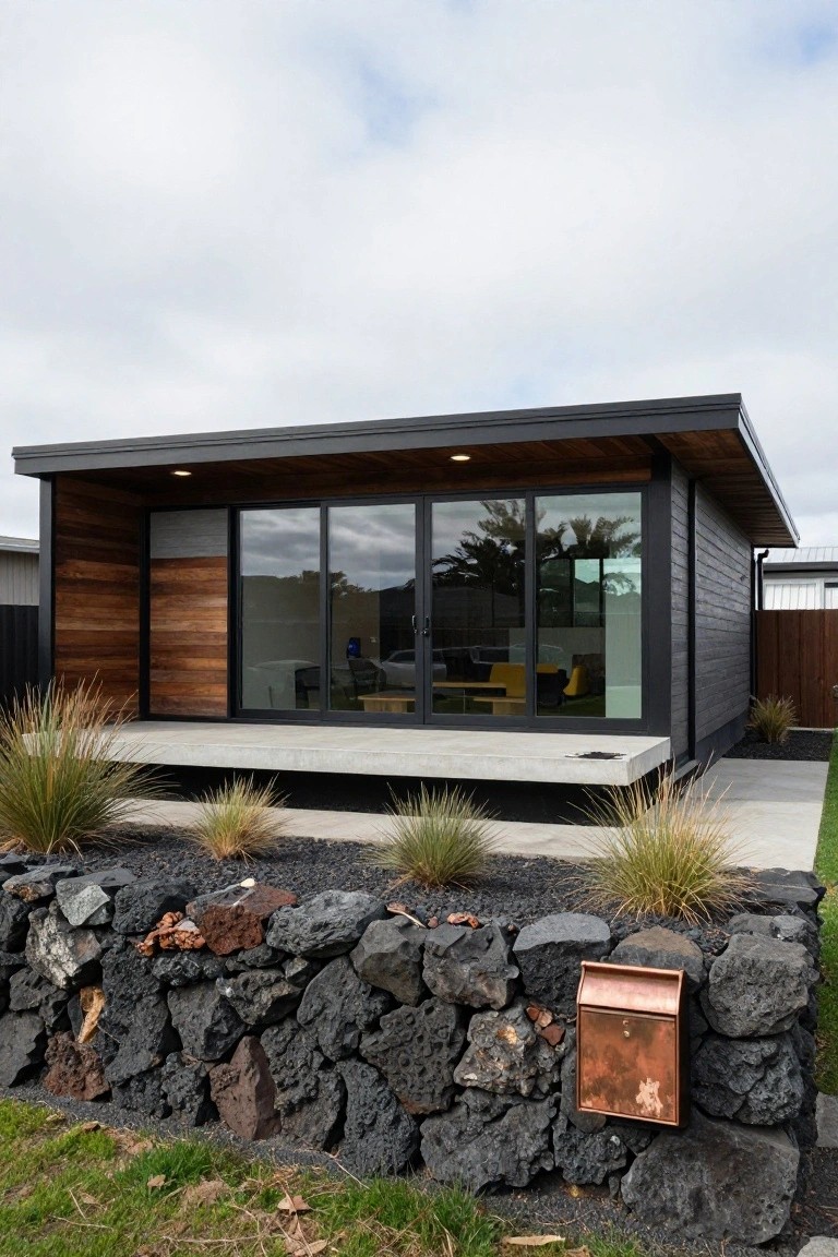 Compact modern house with black wood cladding, large sliding glass doors, overhanging roof, concrete front deck, and adjacent low wall of black porous lava rocks edged with grasses and a copper mailbox.