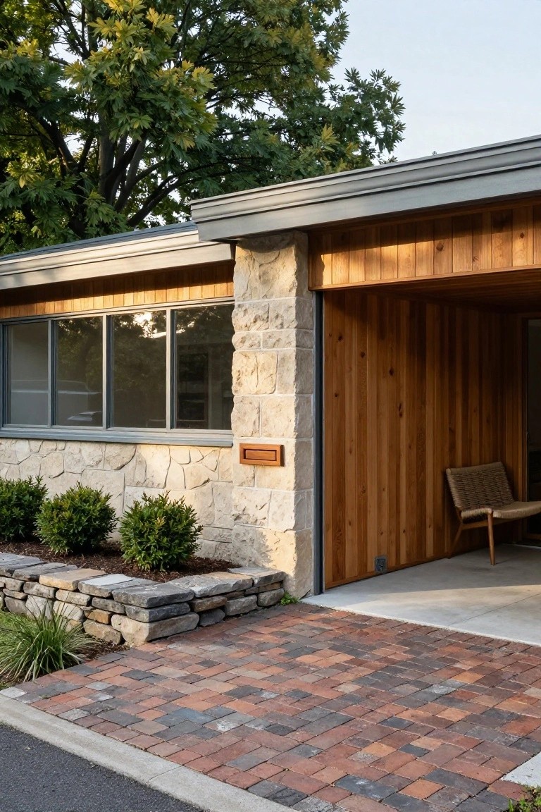 Mid-century modern house exterior with natural stone lower walls, wood vertical siding and garage panels, large horizontal windows, brick paver pathway, low shrubs, and a rattan chair in the open carport area.