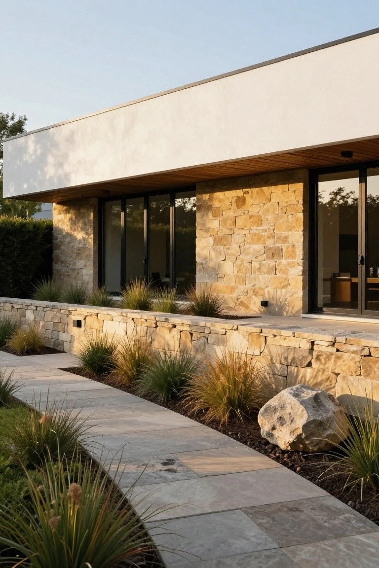 Side view of mid-century modern house exterior with beige stacked stone lower and retaining walls, large black-framed sliding glass doors, white stucco upper facade, wooden cantilever roof edge, paver stone pathway curving toward the entrance, and clumps of ornamental grasses.