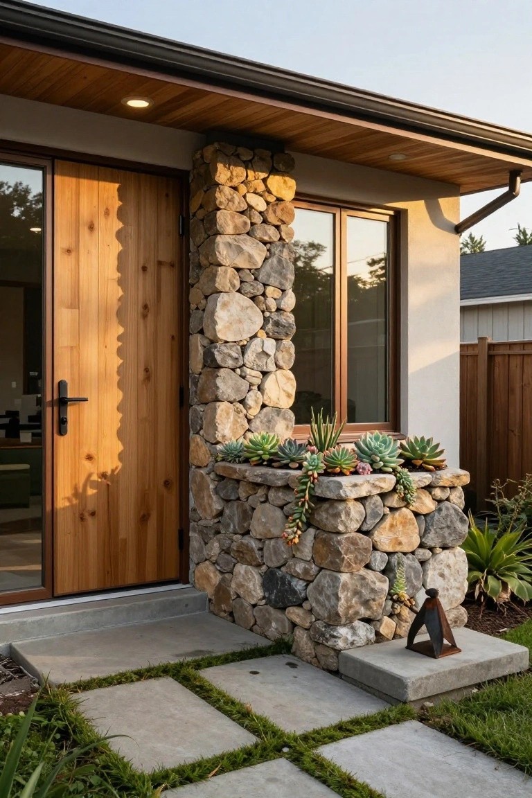 Mid-century modern house front exterior with a vertical wooden door, adjacent stacked stone pillar planted with succulents, concrete entry path, and nearby agave plants.