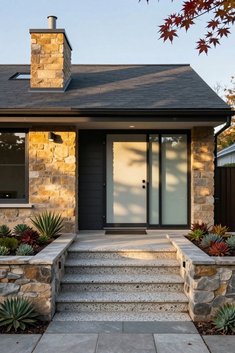 Front view of a mid-century modern house with natural stone walls around the entry, concrete steps flanked by stone planters with succulents, a tall glass entry door with black frame, stone chimney on a dark sloped roof, and agave plants in the foreground.