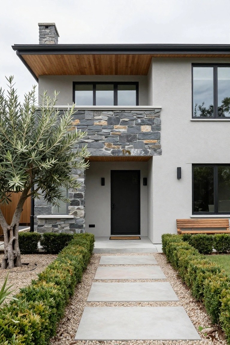 Modern house exterior with gray stone cladding flanking the black front door and upper balcony, light gray plaster walls, wooden roof overhang, concrete paver pathway, boxwood hedges, olive tree, and gravel ground cover.