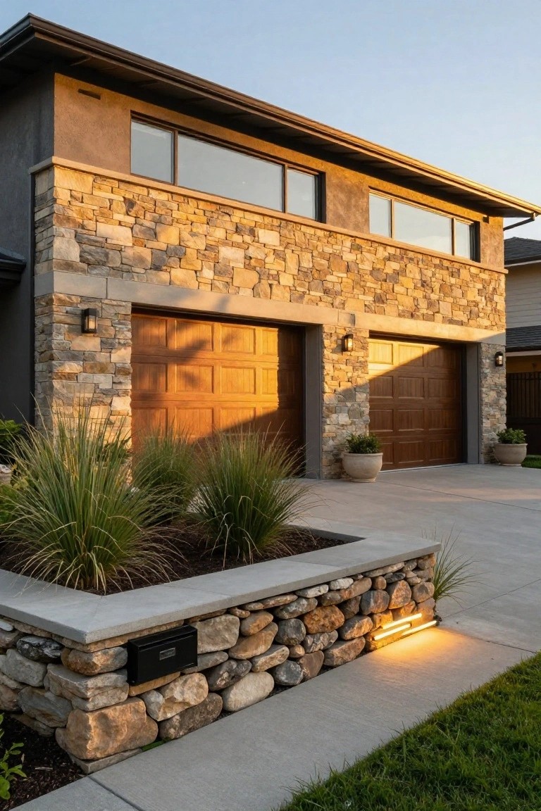 Two-car garage on a modern stucco house with vertical stone pillar accents flanking the wood doors, horizontal stone band above, low stone retaining wall with grasses and mailbox beside the concrete driveway.