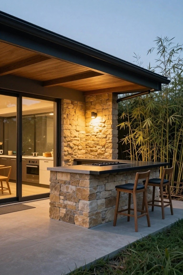 Outdoor patio at dusk showing a stone pedestal bar with gas cooktop and two wood barstools, next to sliding glass doors into a kitchen, with stone walls, bamboo plants, and a wooden roof overhang.