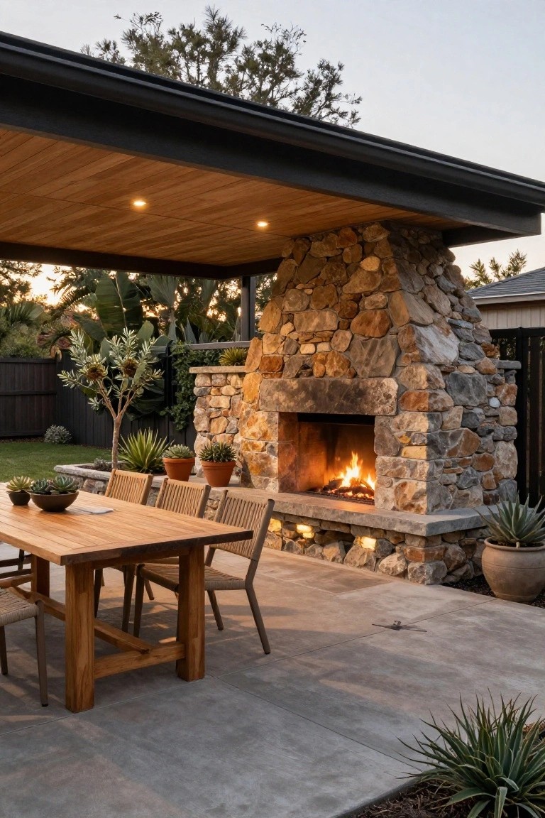 Covered outdoor patio at dusk with a tall stacked stone fireplace burning, wooden dining table and rope chairs, potted succulents and agaves, wood ceiling with recessed lights, and concrete pavers.