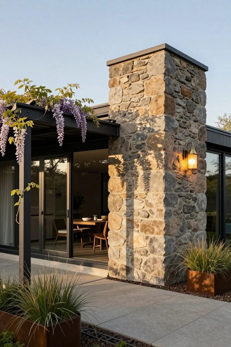 Exterior view of mid-century modern house with tall textured stone pillar next to open sliding glass doors under black pergola draped in purple wisteria vines, potted ornamental grasses on concrete walkway beside.