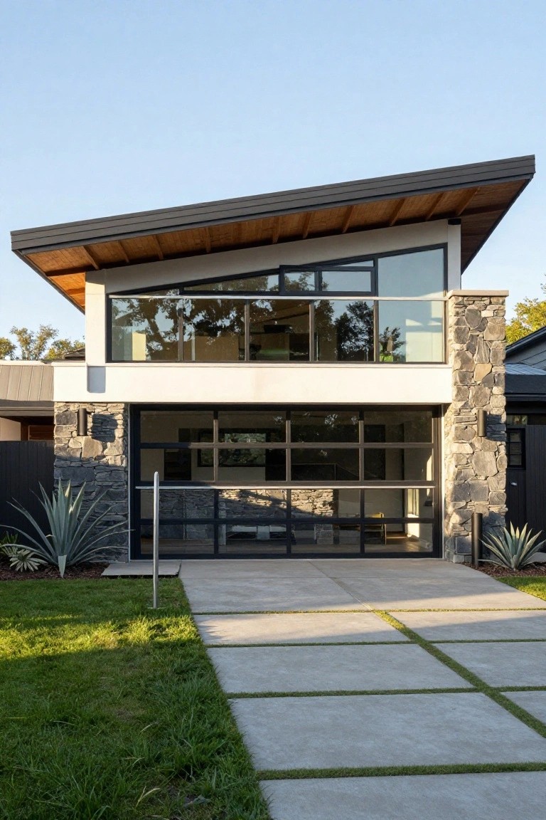 Two-story house exterior with slanted wood roof, large glass garage door flanked by dark stone pillars, glass upper windows, pathway leading to the entrance, and agave plants in the landscaped yard.