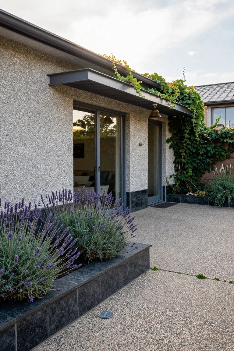 Side exterior of a mid-century modern house with light pebble-textured wall, black metal awning over glass sliding door and side door, ivy vines on the awning and wall, lavender shrubs in black stone-edged bed, and gravel patio surface.