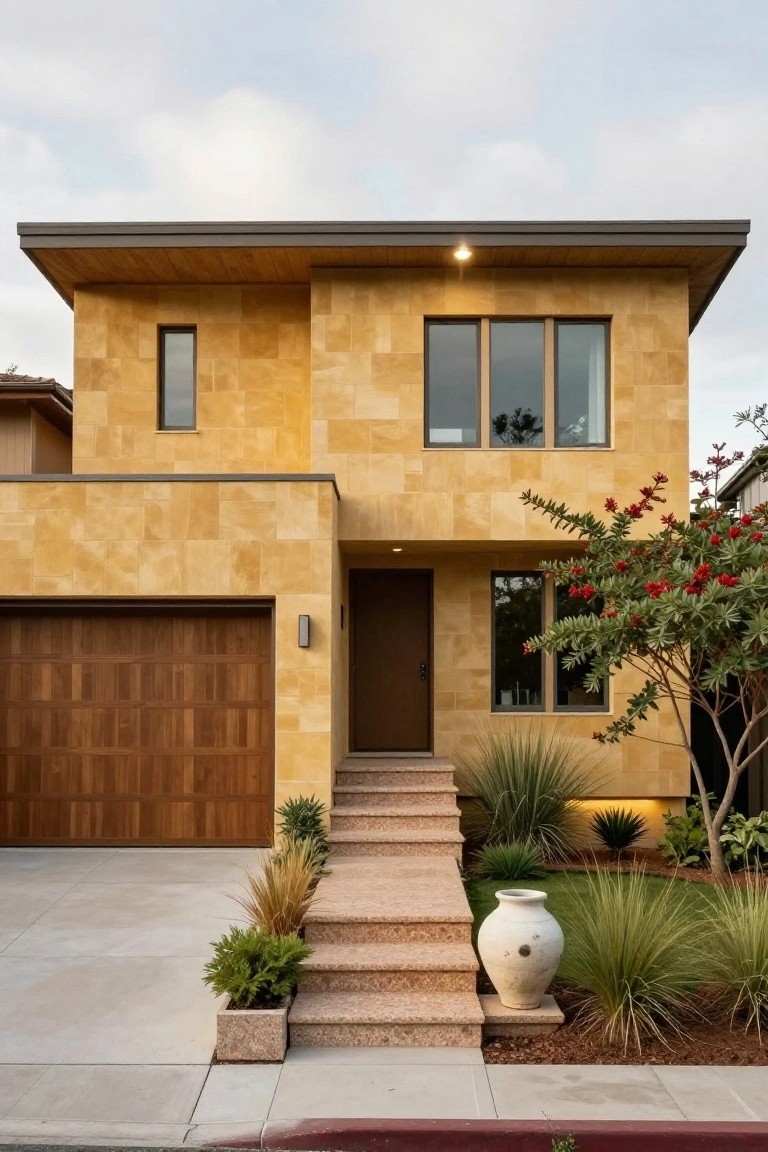 Two-story house exterior featuring beige textured stone walls, dark wood garage door, front entry door with pink stone steps, and sparse landscaping with agave plants and grasses along a concrete driveway.