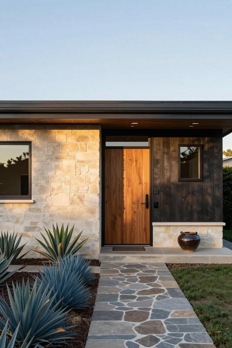 Front exterior of a mid-century modern house with light textured stone walls, dark vertical wood siding, wooden entry door, flagstone pathway, blue agave plants, and a large pottery pot on a stone base.