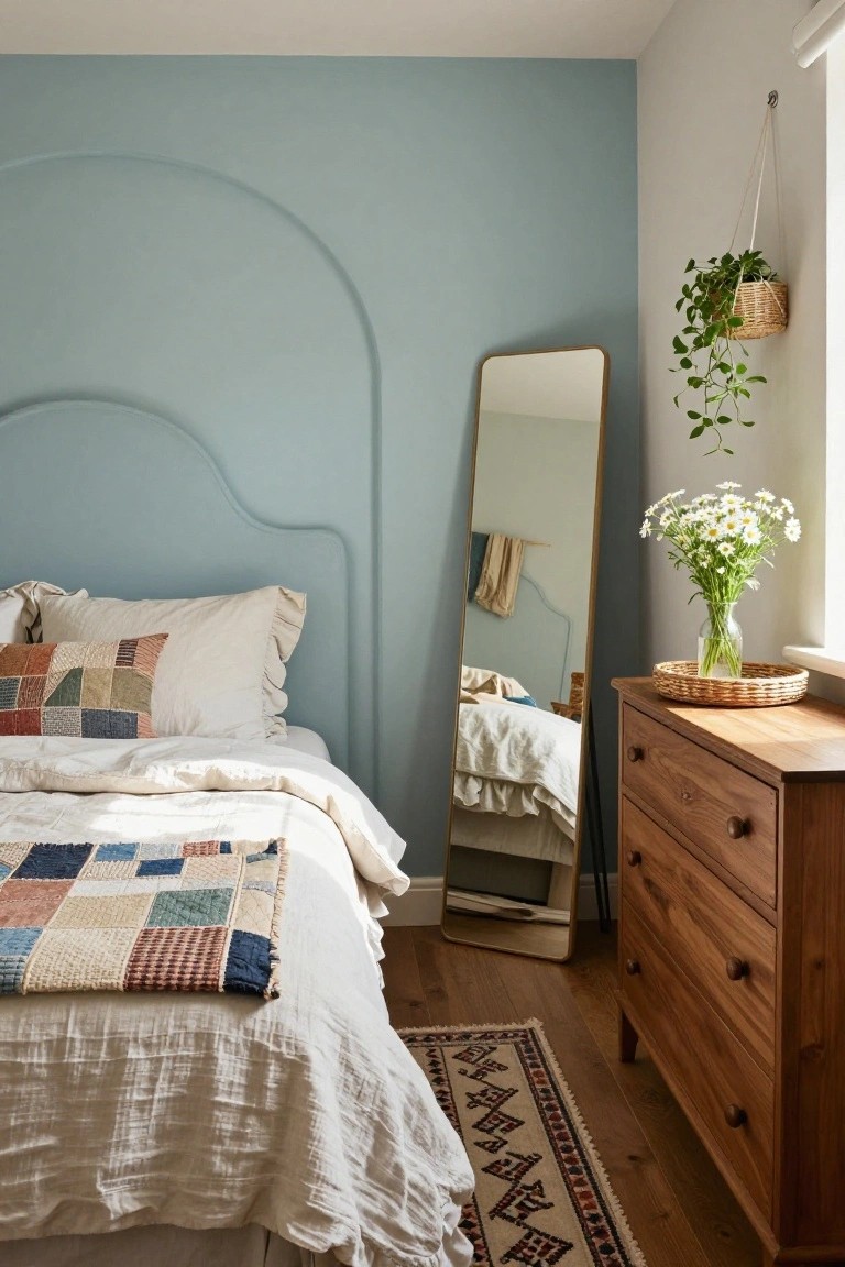 Bedroom interior with light blue curved arch painted on wall as headboard, white bed with patchwork quilt and ruffled pillows, tall freestanding mirror, wooden dresser, hanging plant, and vase of white flowers on tray near window.
