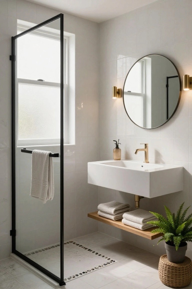 A white-tiled bathroom with tall black metal framed glass shower enclosure open to reveal pebble flooring, floating white sink with gold faucet on wooden shelf holding towels and fern plant, round gold mirror with sconces, and wicker stool.
