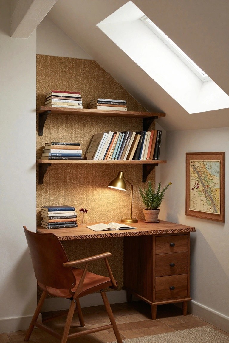 Attic interior with wooden bookshelves mounted on slanted textured walls above a wooden desk, brown leather chair, brass lamp, potted plant, and framed map under a skylight.