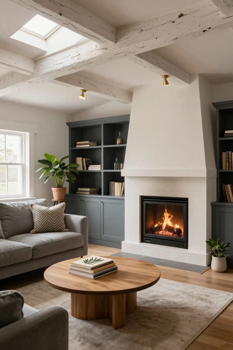 A living room interior with a white fireplace flanked by dark gray built-in cabinets and open bookshelves, a gray sofa, round wooden coffee table, potted plants, and exposed whitewashed beams with a skylight above.