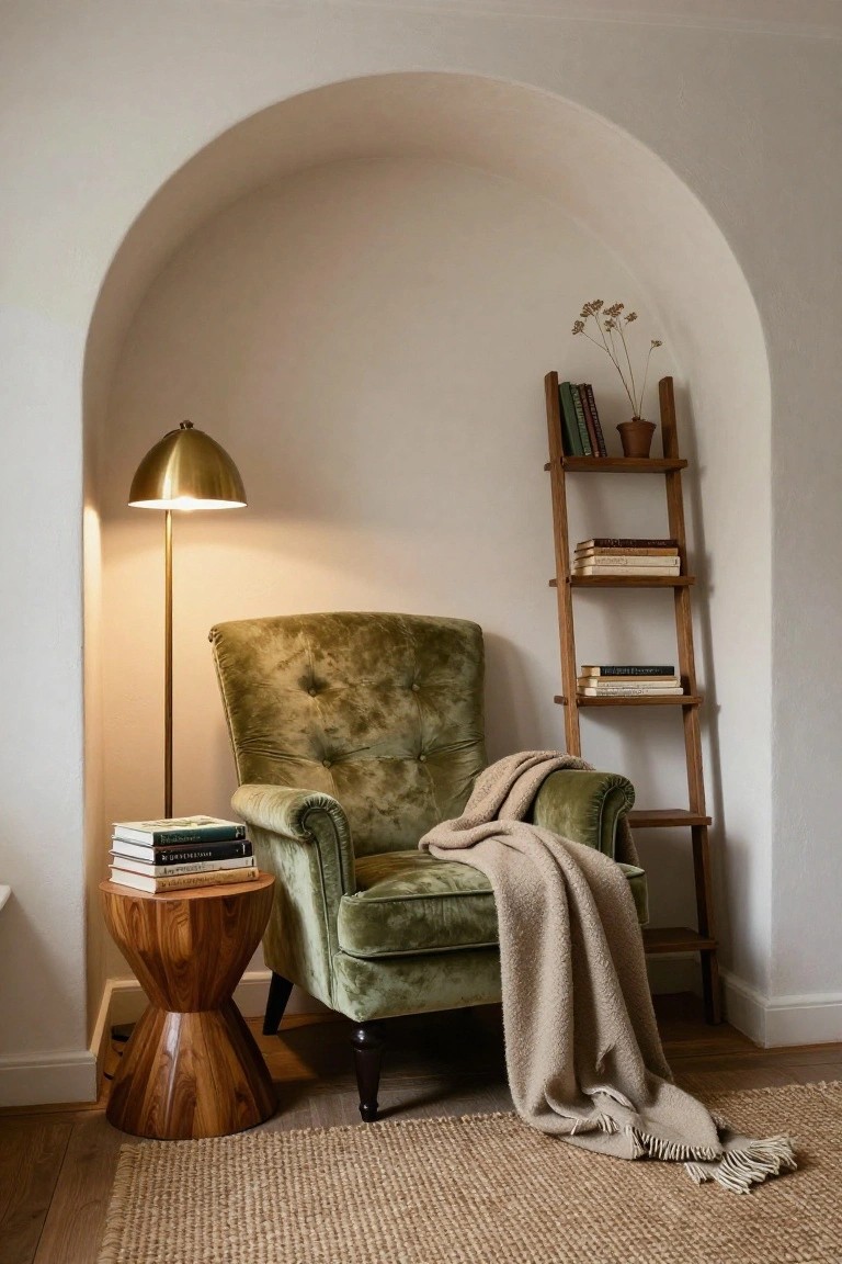 A green velvet tufted armchair in a white arched alcove with a tall wooden ladder bookshelf holding books and plants, a brass arched floor lamp, a drum-shaped wooden side table with stacked books, and a beige knit throw draped over the chair on a wooden floor with seagrass rug.